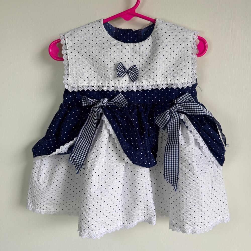 VINTAGE Frillies Baby Girl Dress 6-12 Months Navy Blue White Polka Dot Lace Bow